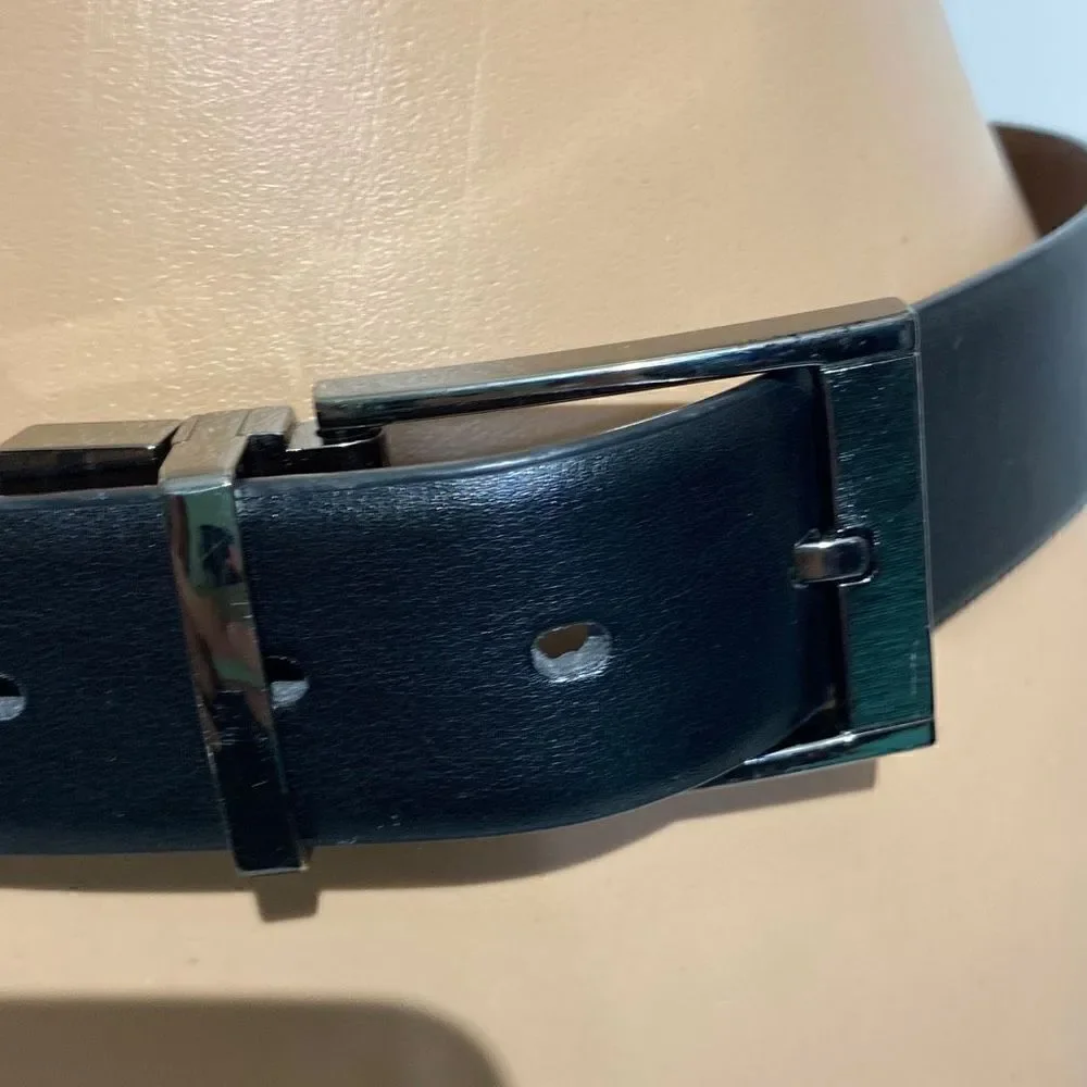 Perry Ellis Men's Black Faux Leather Silver Prong Buckle Single Strap Belt 34/85